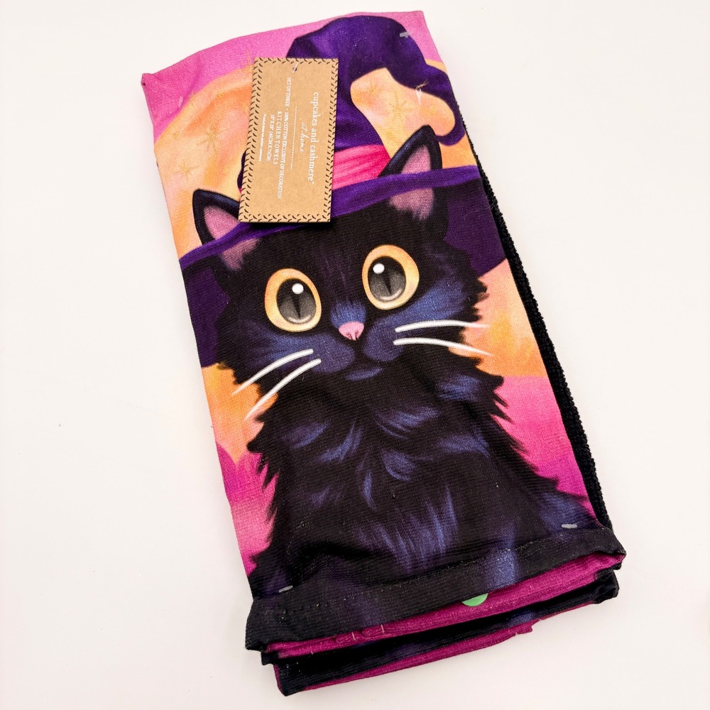 Cupcakes and Cashmere Halloween Black Cat Witch Hat Kitchen Towels Set of 3 NEW